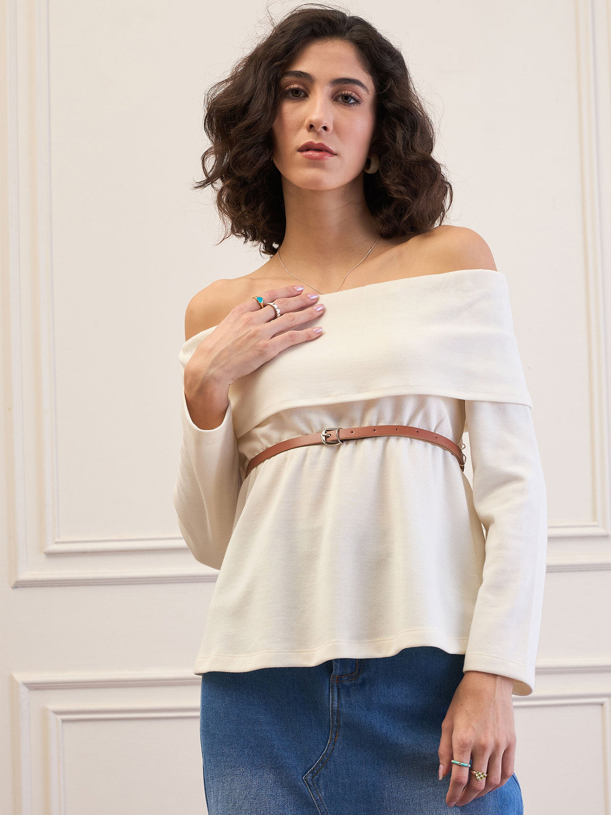 Off-White Off-Shoulder Belted Peplum Top-SASSAFRAS