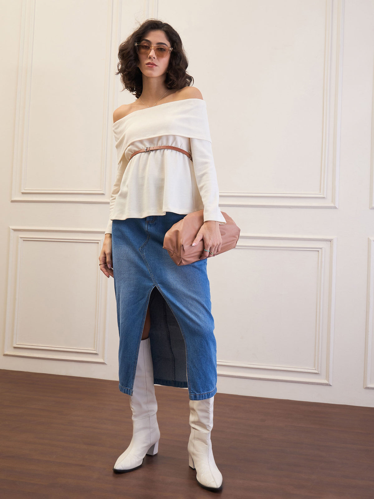 Off-White Off-Shoulder Belted Peplum Top-SASSAFRAS