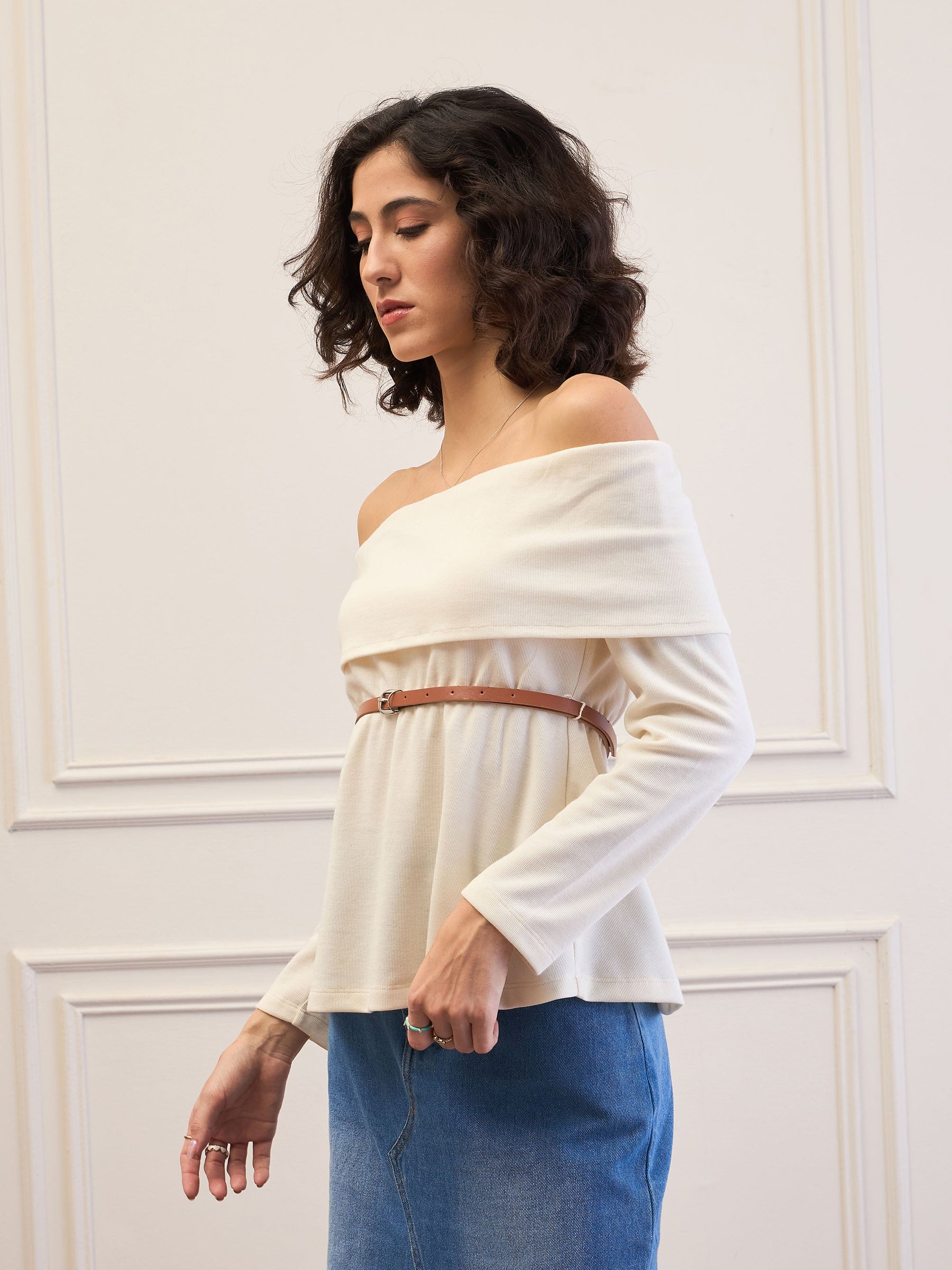 Off-White Off-Shoulder Belted Peplum Top-SASSAFRAS