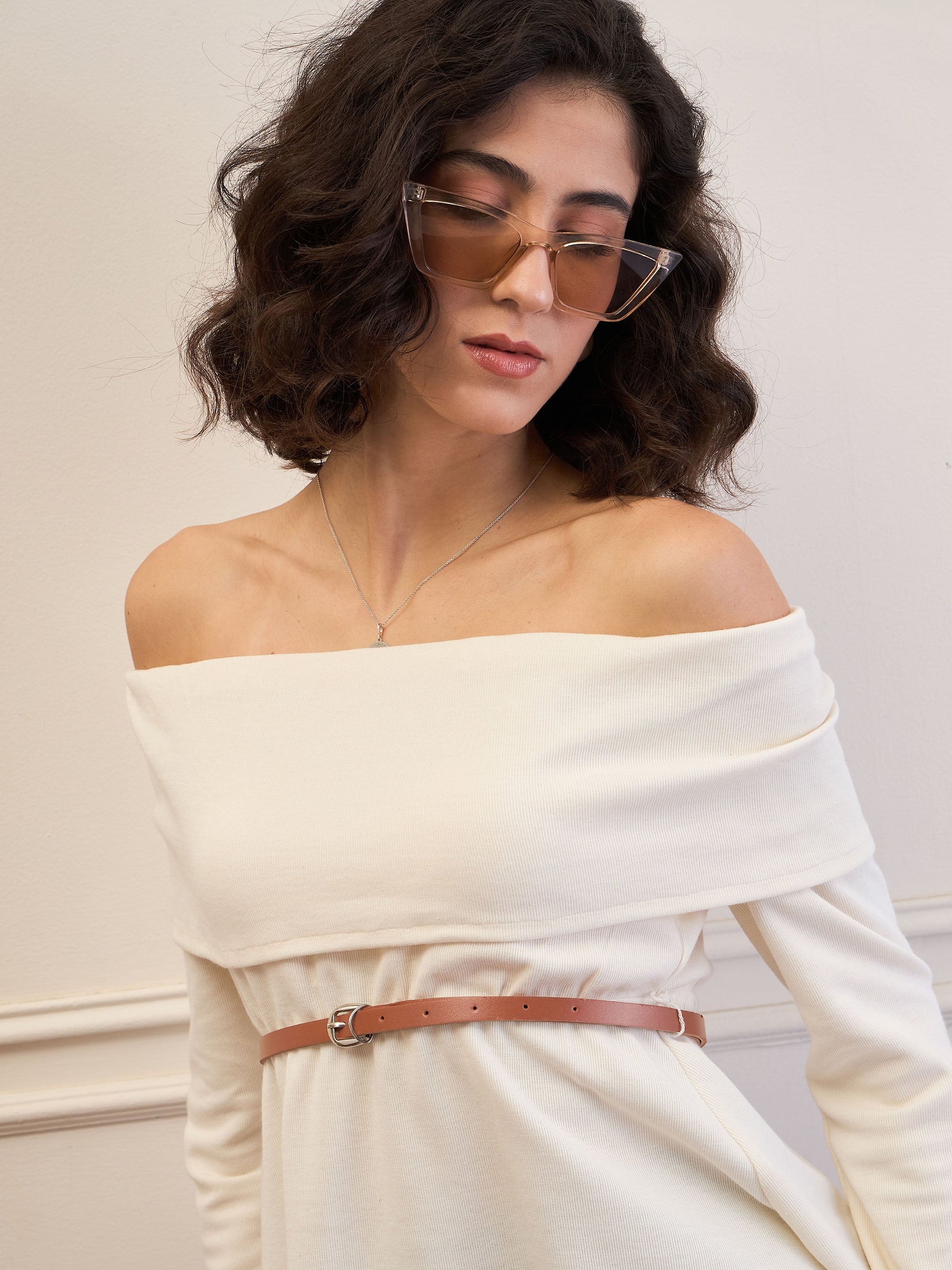 Off-White Off-Shoulder Belted Peplum Top-SASSAFRAS