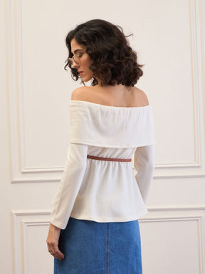 Off-White Off-Shoulder Belted Peplum Top-SASSAFRAS