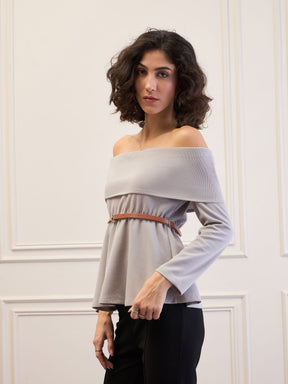 Grey Off-Shoulder Belted Peplum Top-SASSAFRAS