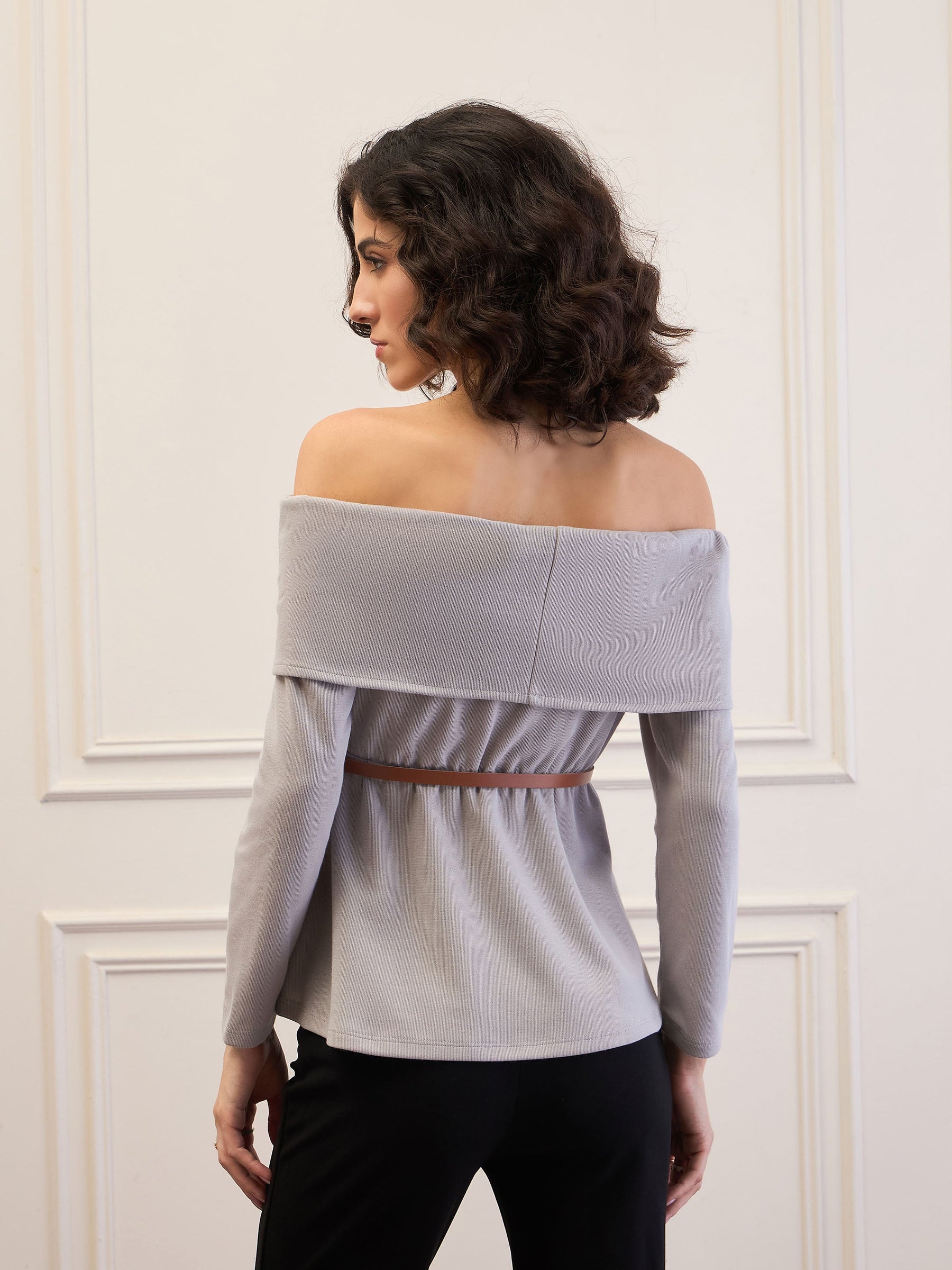 Grey Off-Shoulder Belted Peplum Top-SASSAFRAS