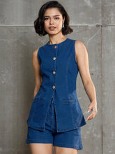 Navy Denim Front Open Sleeveless Top-SASSAFRAS