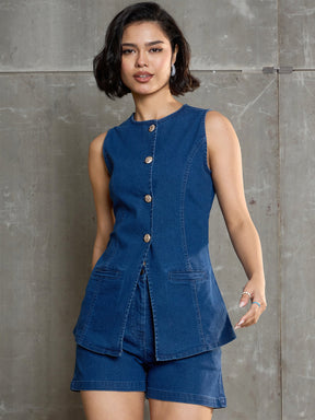 Navy Denim Front Open Sleeveless Top-SASSAFRAS