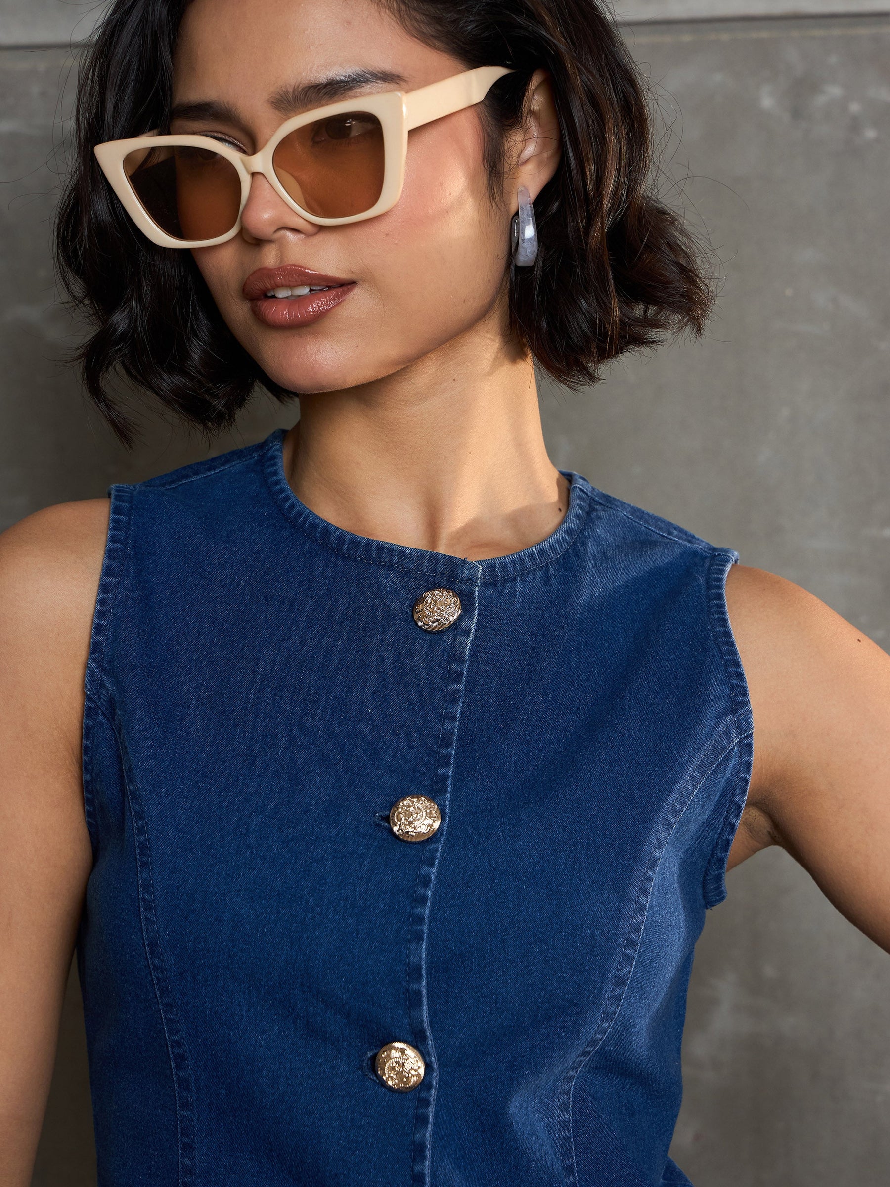 Navy Denim Front Open Sleeveless Top-SASSAFRAS