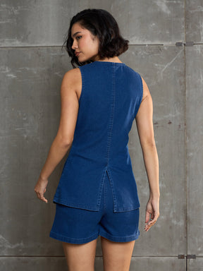 Navy Denim Front Open Sleeveless Top-SASSAFRAS