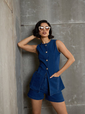 Navy Denim Front Open Sleeveless Top-SASSAFRAS
