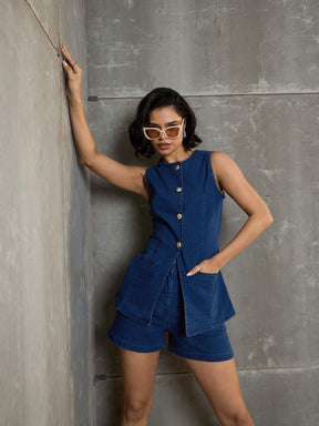 Navy Denim Front Open Sleeveless Top With Shorts-SASSAFRAS