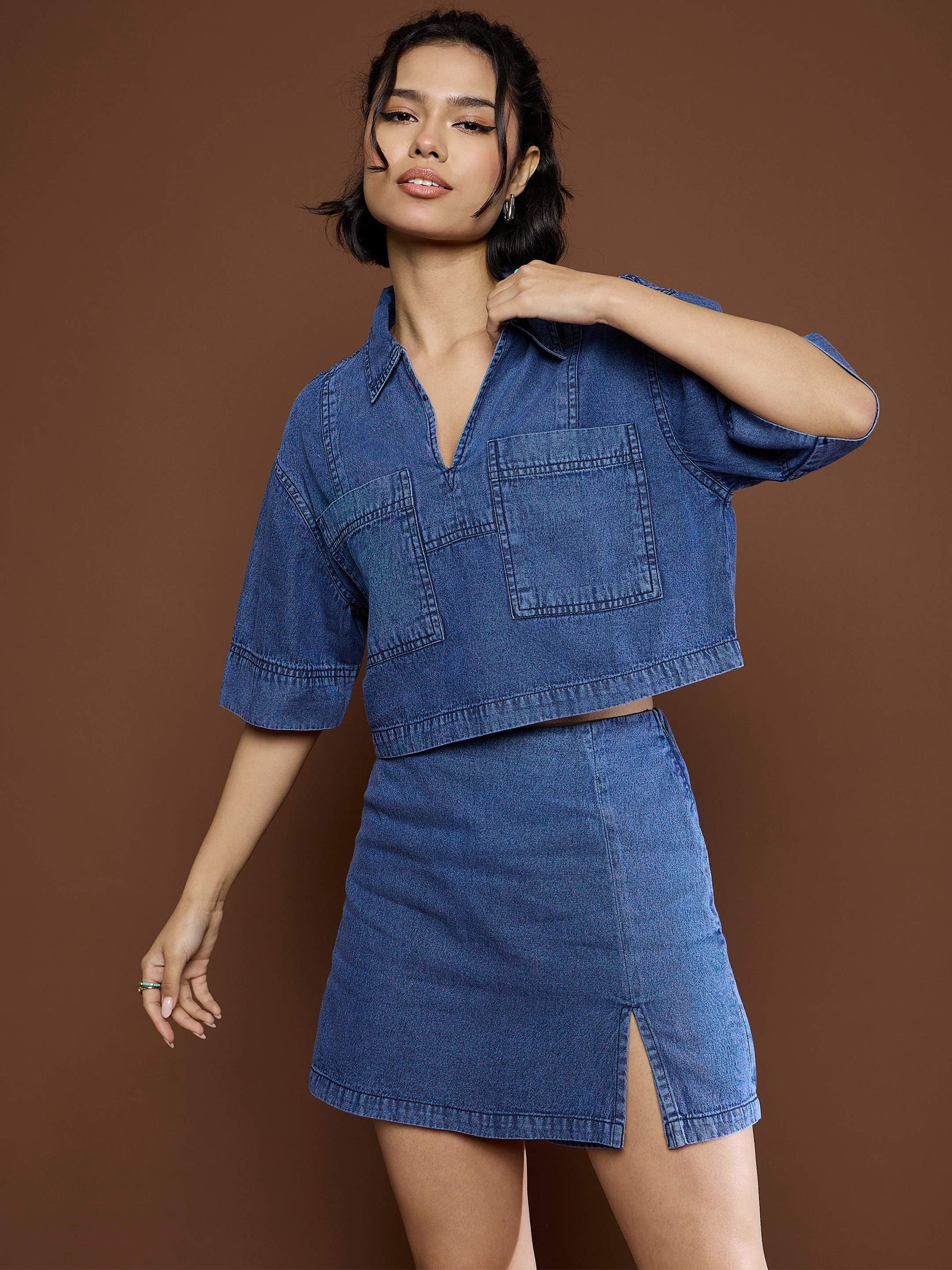 Blue Denim Patch Pocket Crop Top With Skorts-SASSAFRAS