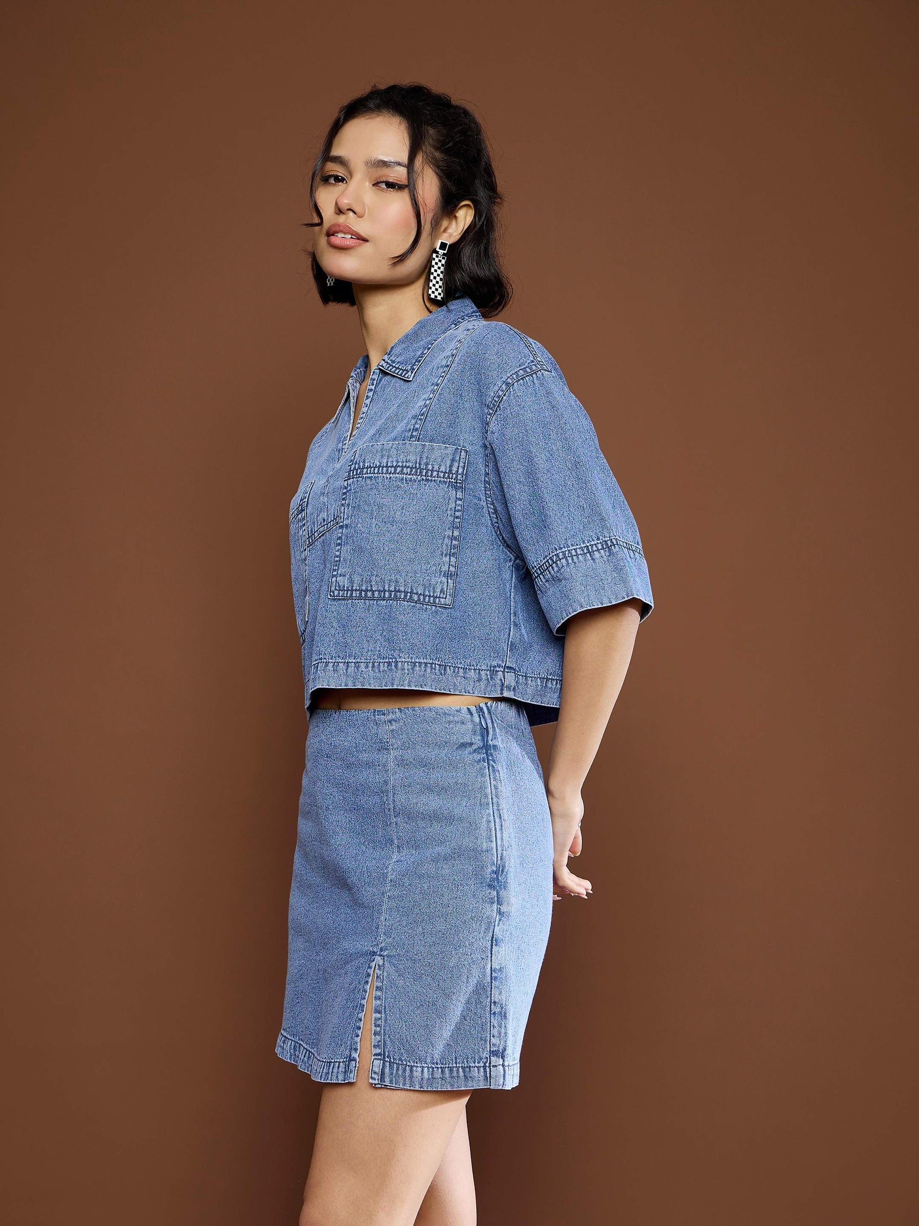 Blue Blast Denim Patch Pocket Crop Top With Skorts-SASSAFRAS