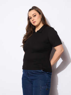 Black Rib Front Zipper Polo Neck Top-SASSAFRAS Curve