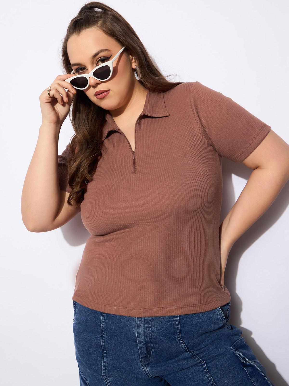 Brown Rib Front Zipper Polo Neck Top-SASSAFRAS Curve