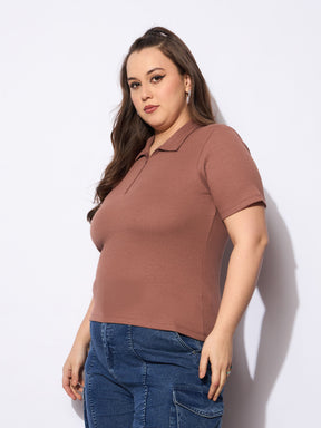 Brown Rib Front Zipper Polo Neck Top-SASSAFRAS Curve