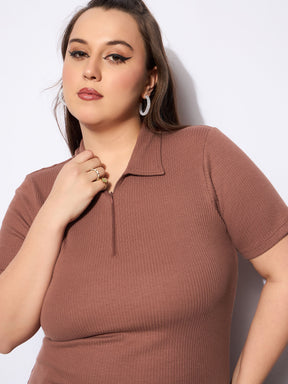 Brown Rib Front Zipper Polo Neck Top-SASSAFRAS Curve