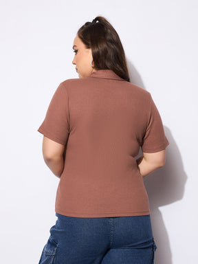 Brown Rib Front Zipper Polo Neck Top-SASSAFRAS Curve