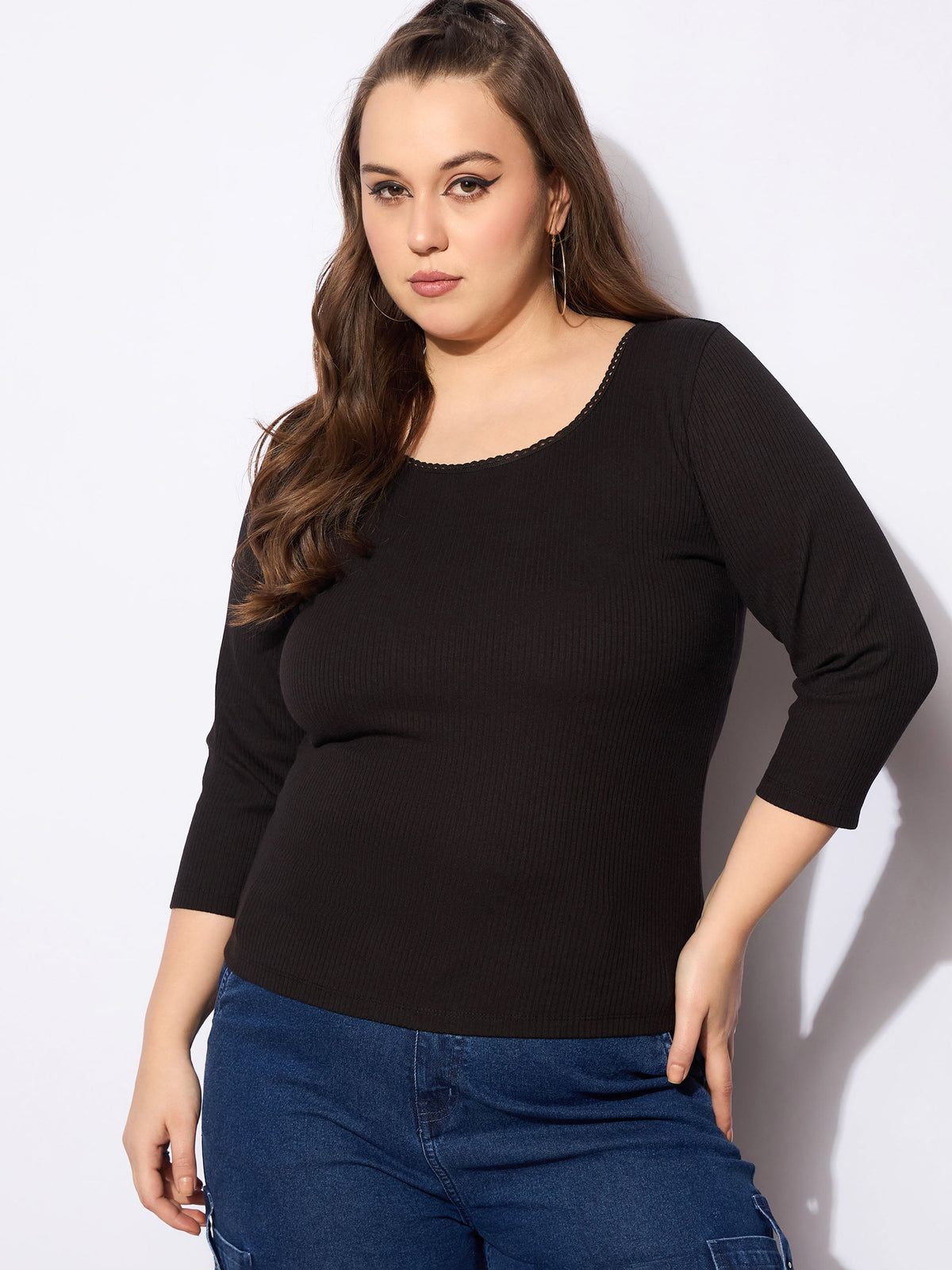 Black Rib Round Neck Lace Detail Top-SASSAFRAS Curve