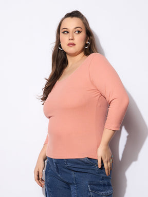 Pink Rib Round Neck Lace Detail Top-SASSAFRAS Curve