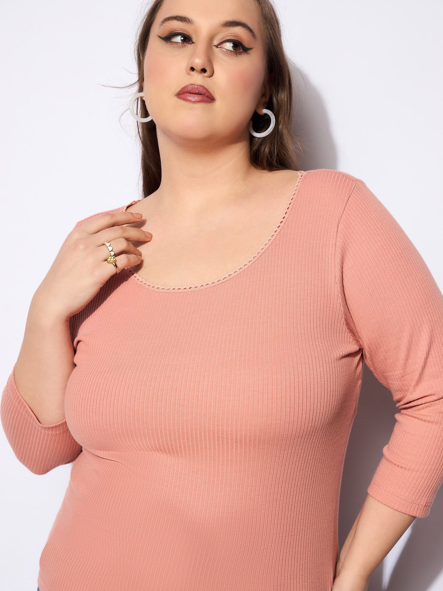 Pink Rib Round Neck Lace Detail Top-SASSAFRAS Curve