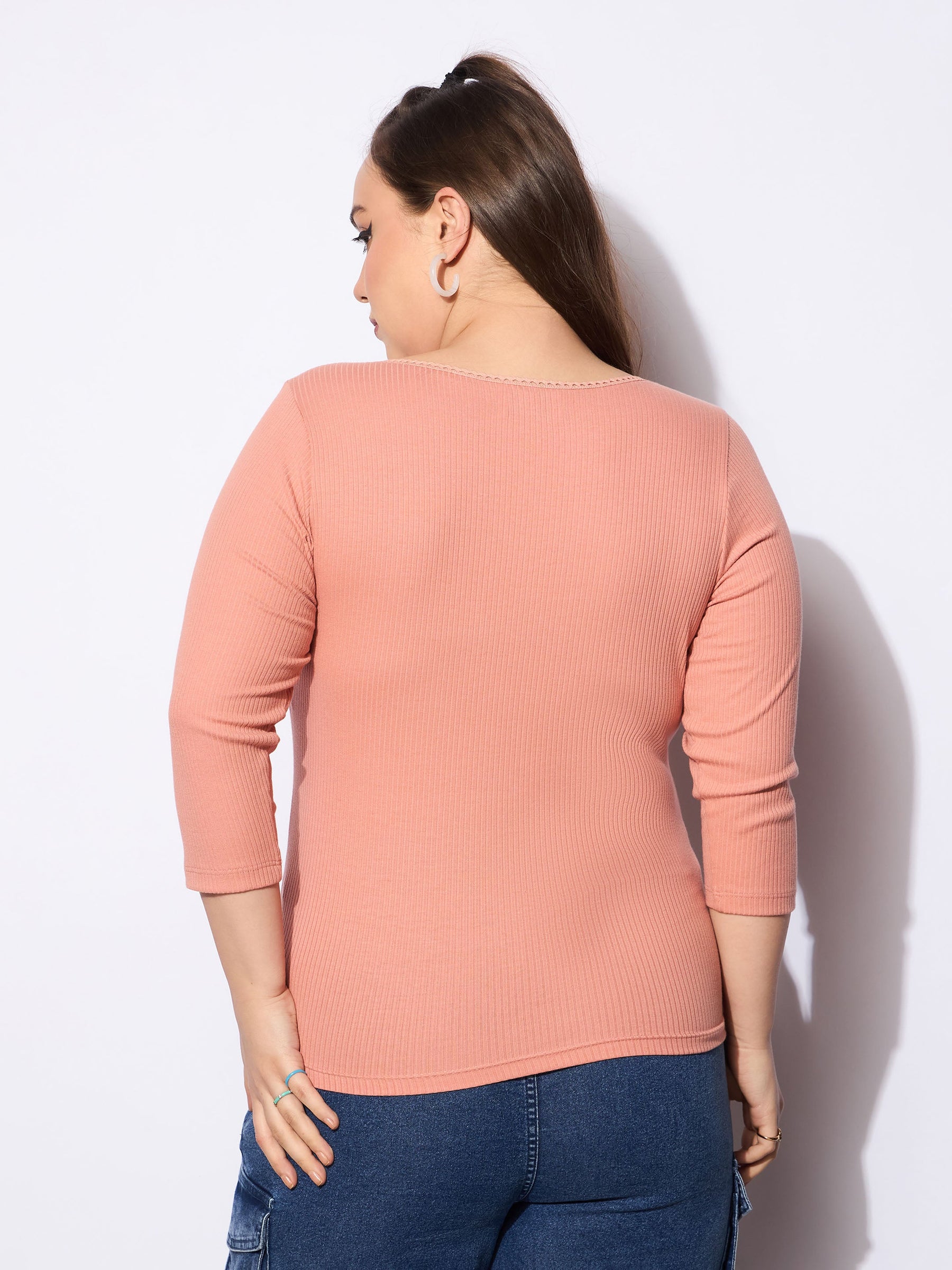 Pink Rib Round Neck Lace Detail Top-SASSAFRAS Curve