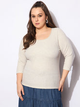 Beige Melange Round Neck Lace Detail Top-SASSAFRAS Curve