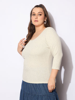 Beige Melange Round Neck Lace Detail Top-SASSAFRAS Curve