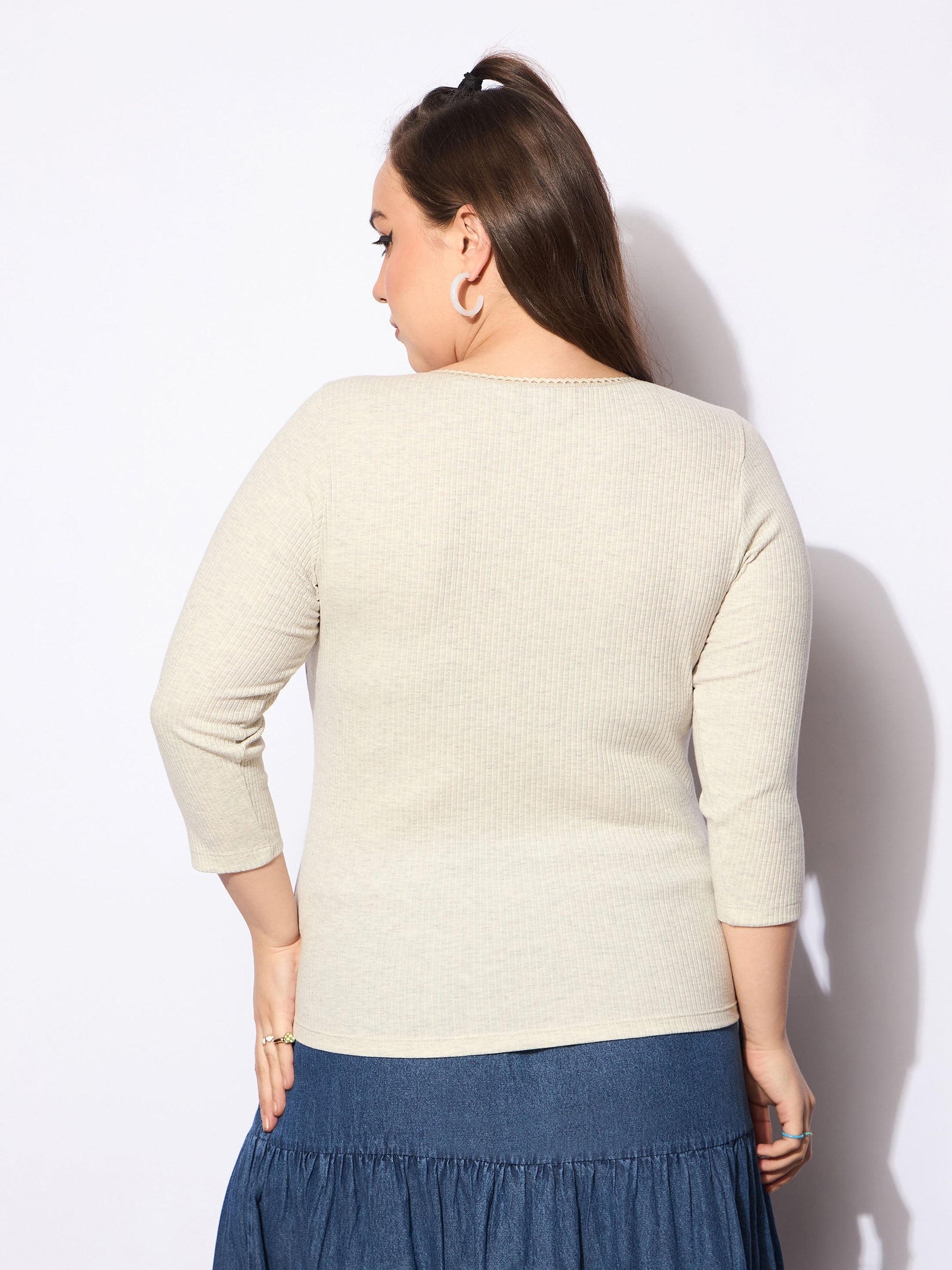 Beige Melange Round Neck Lace Detail Top-SASSAFRAS Curve