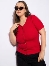 Red Rib Front Button Lace Detail Top -SASSAFRAS Curve