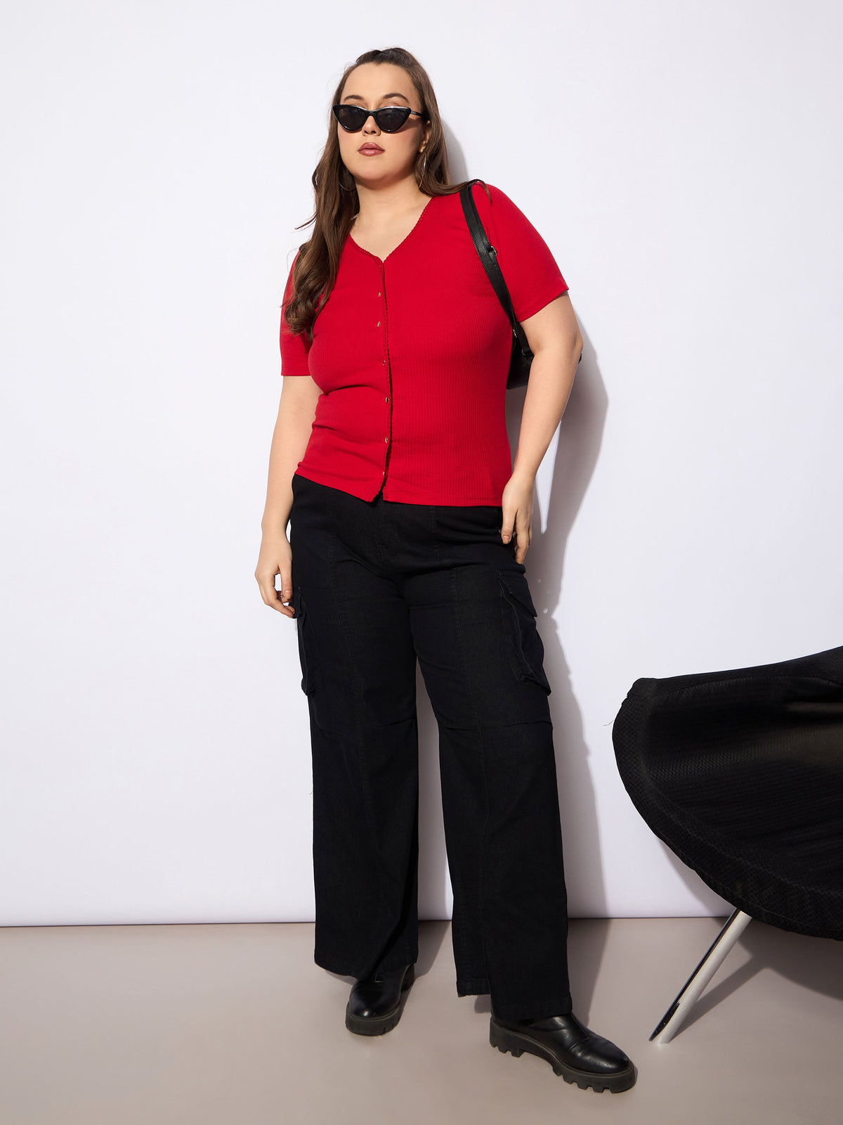 Red Rib Front Button Lace Detail Top -SASSAFRAS Curve