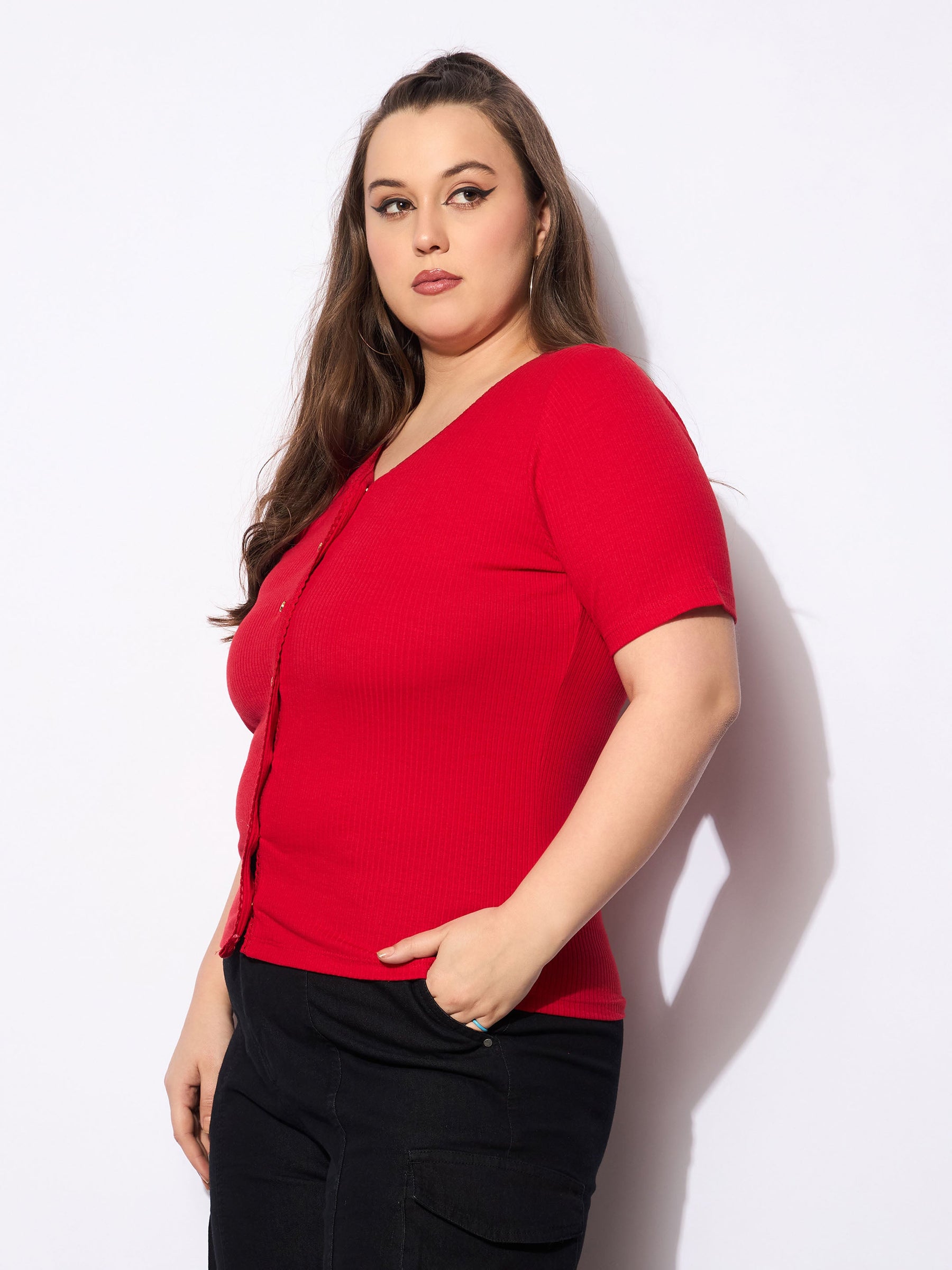 Red Rib Front Button Lace Detail Top -SASSAFRAS Curve