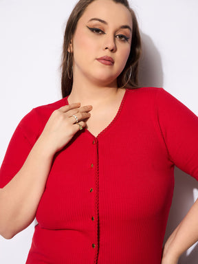 Red Rib Front Button Lace Detail Top -SASSAFRAS Curve