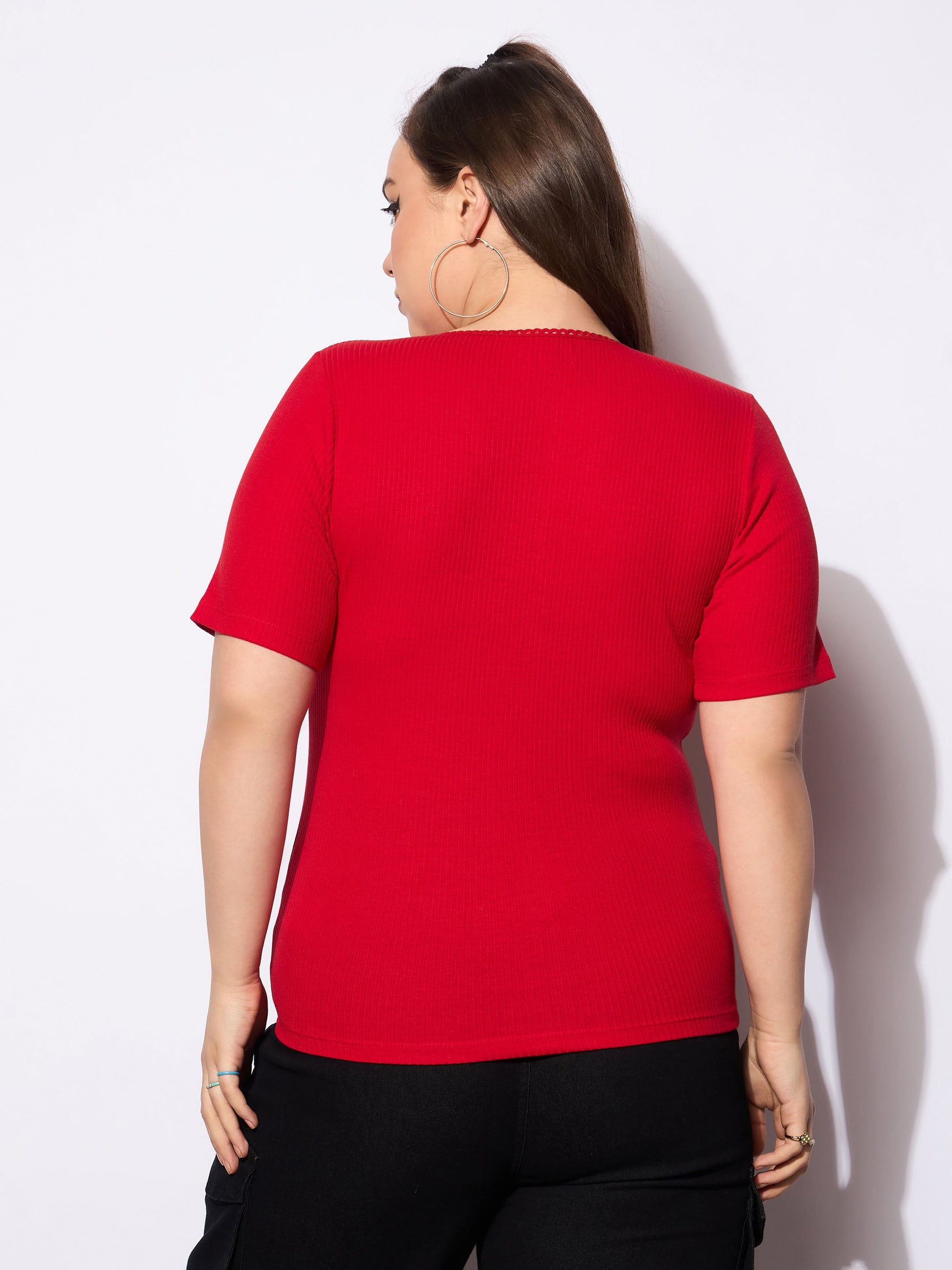 Red Rib Front Button Lace Detail Top -SASSAFRAS Curve