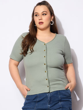 Green Rib Front Button Lace Detail Top -SASSAFRAS Curve