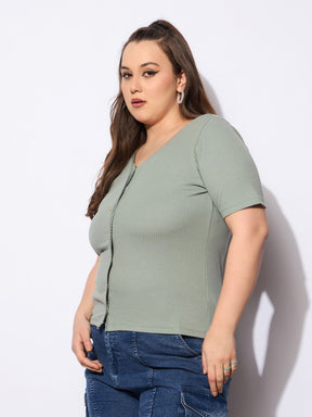 Green Rib Front Button Lace Detail Top -SASSAFRAS Curve