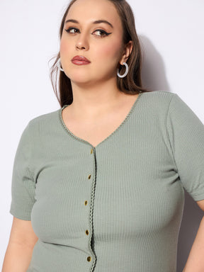 Green Rib Front Button Lace Detail Top -SASSAFRAS Curve