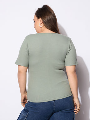 Green Rib Front Button Lace Detail Top -SASSAFRAS Curve