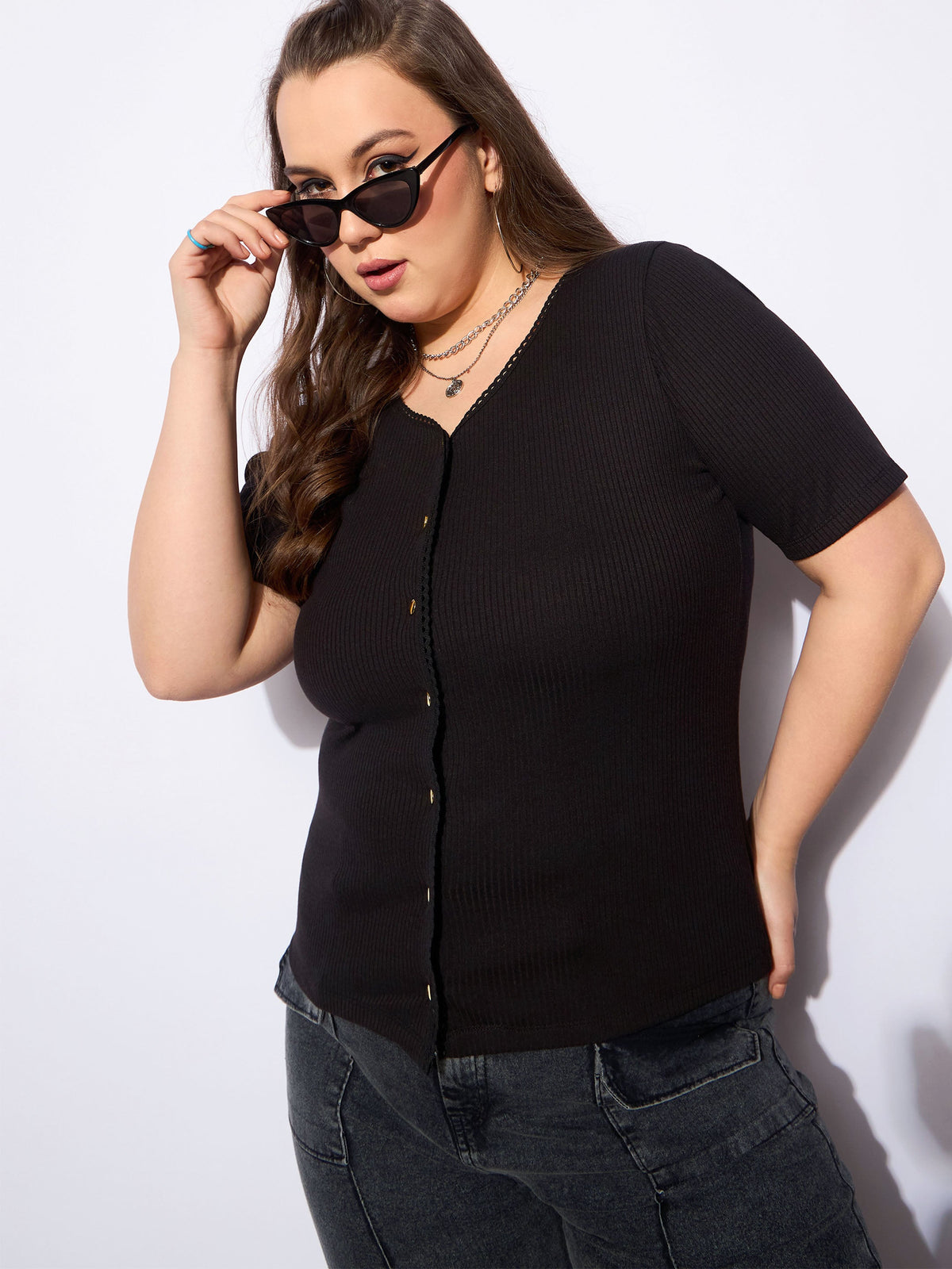 Black Rib Front Button Lace Detail Top -SASSAFRAS Curve