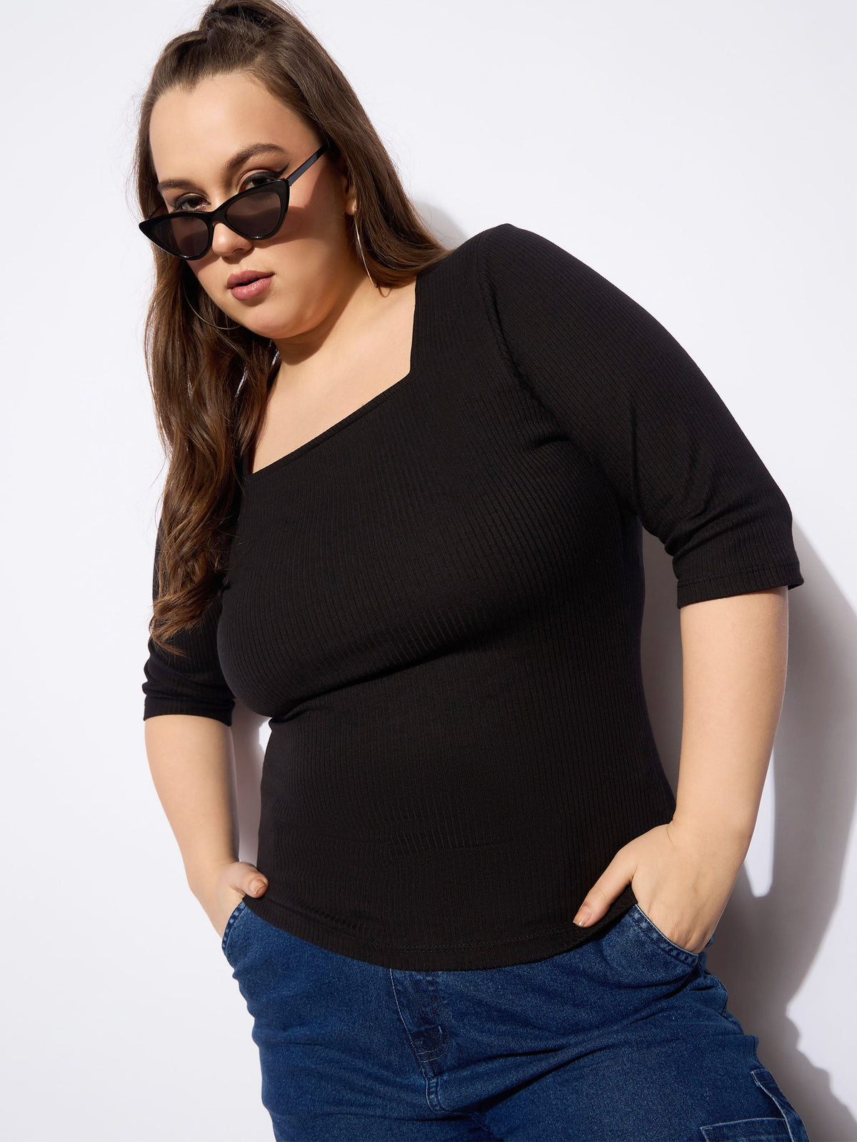 Black Rib Square Neck Top -SASSAFRAS Curve