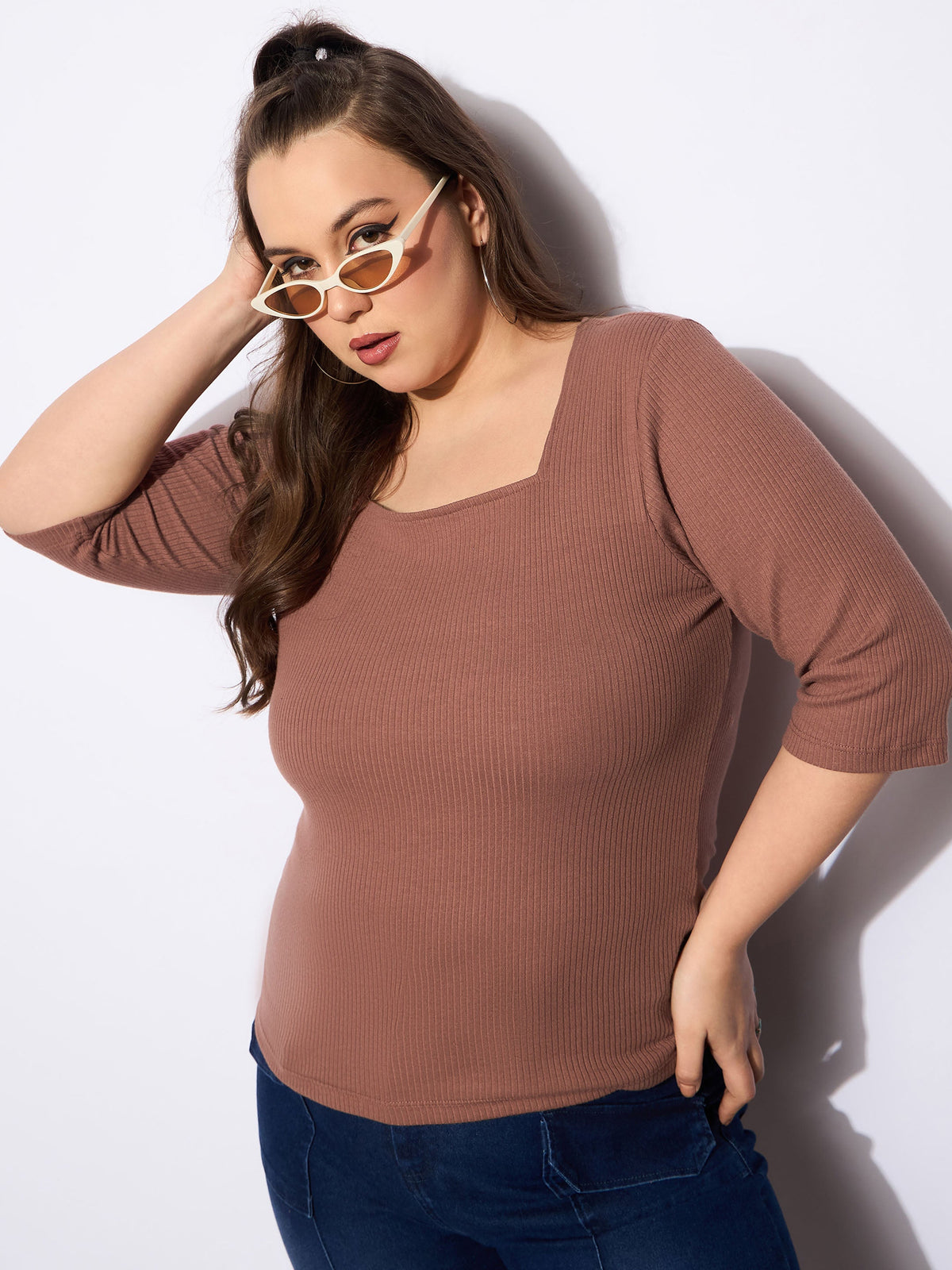 Brown Rib Sqaure Neck Top -SASSAFRAS Curve