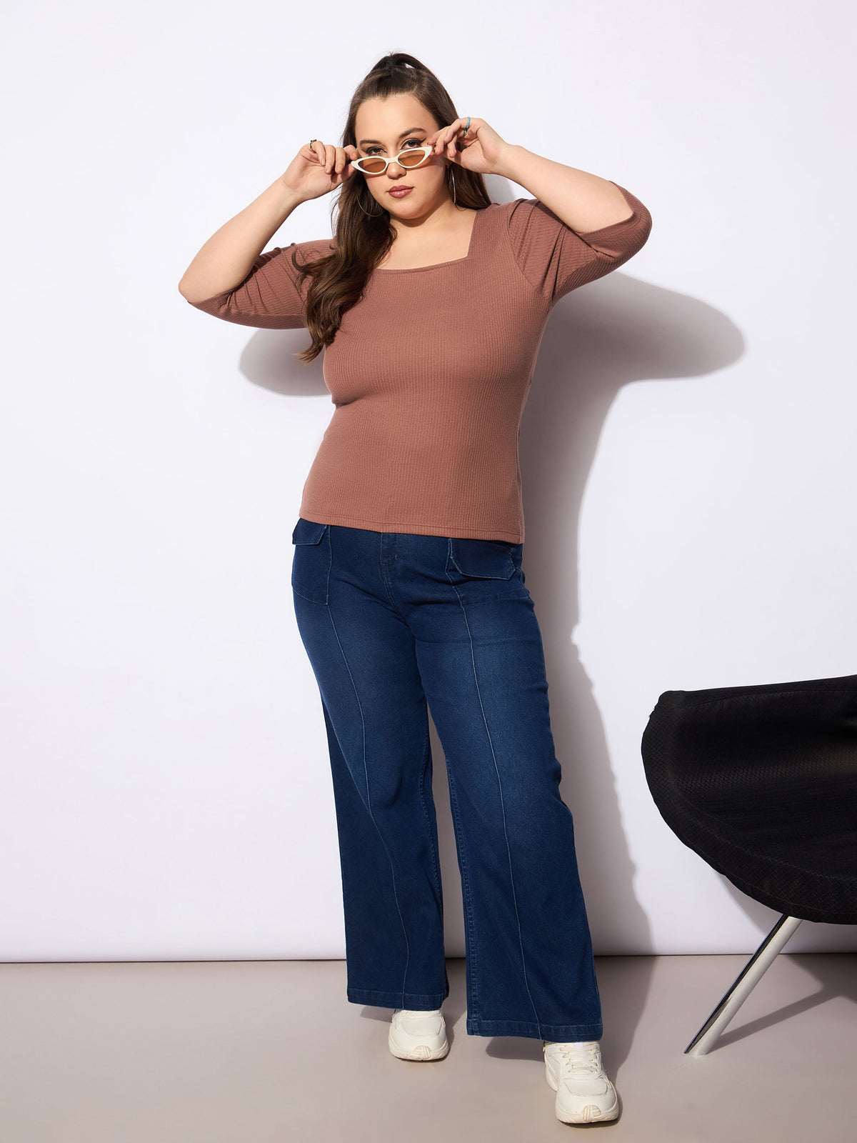 Brown Rib Sqaure Neck Top -SASSAFRAS Curve