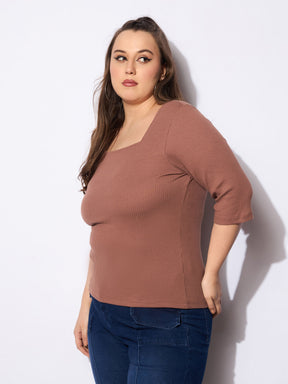 Brown Rib Sqaure Neck Top -SASSAFRAS Curve