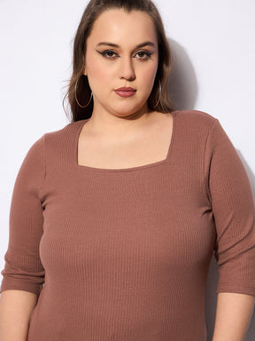 Brown Rib Sqaure Neck Top -SASSAFRAS Curve