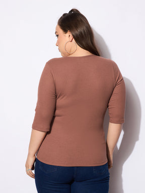 Brown Rib Sqaure Neck Top -SASSAFRAS Curve