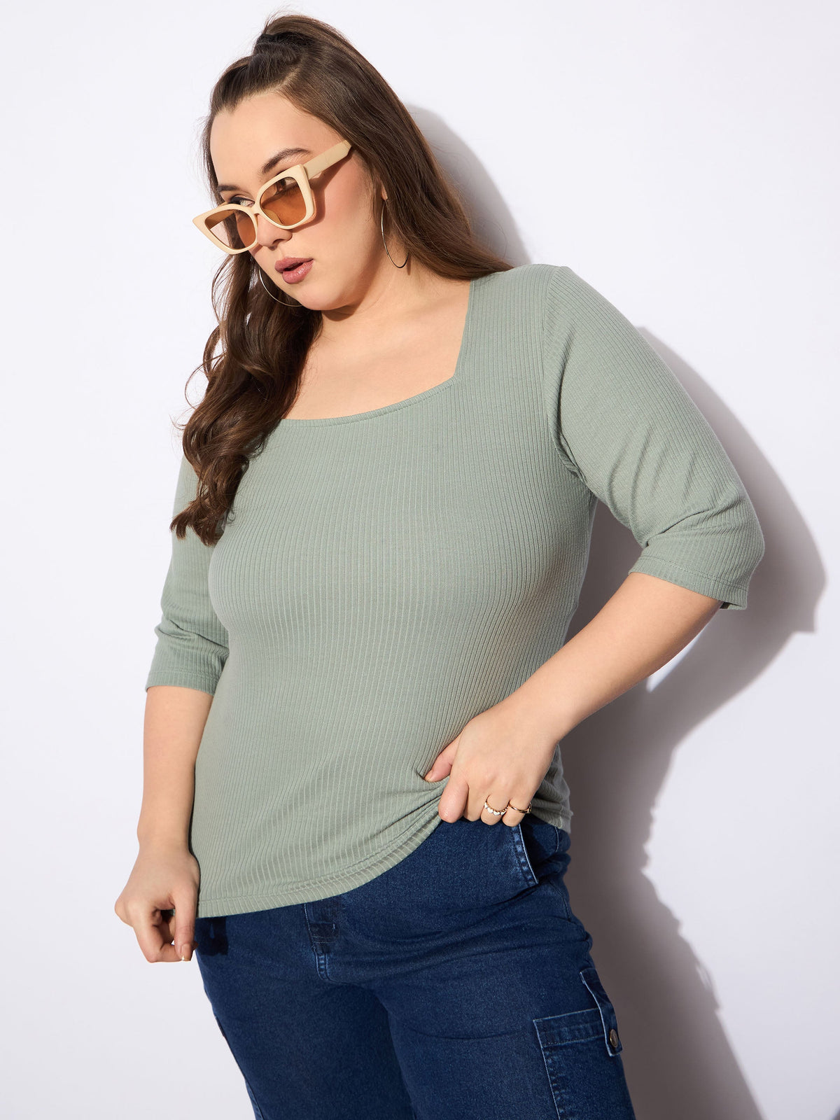 Green Rib Square Neck Top-SASSAFRAS Curve