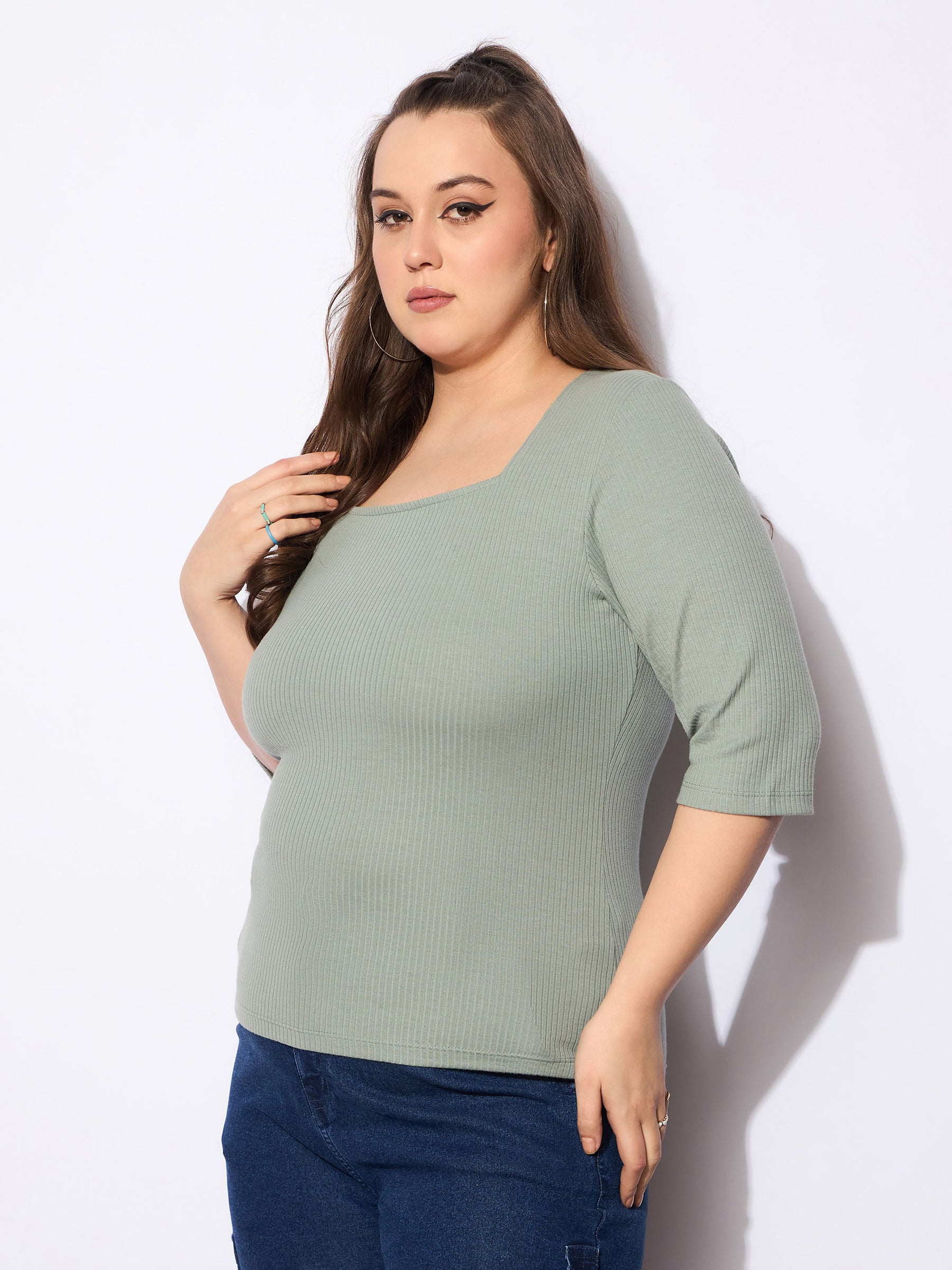 Green Rib Square Neck Top-SASSAFRAS Curve