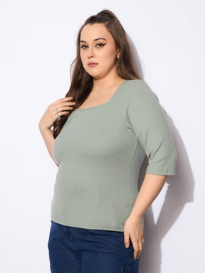 Green Rib Square Neck Top-SASSAFRAS Curve