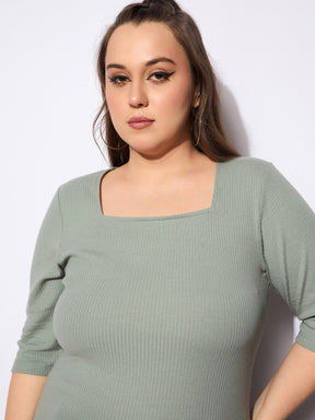 Green Rib Square Neck Top-SASSAFRAS Curve