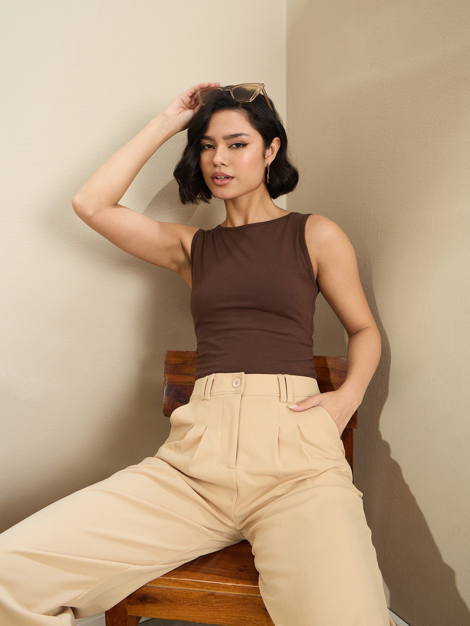 Brown Jersey Sleeveless Crop Top-SASSAFRAS BASICS