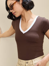 Brown Contrast Deep V-Neck Crop T-Shirt-SASSAFRAS BASICS