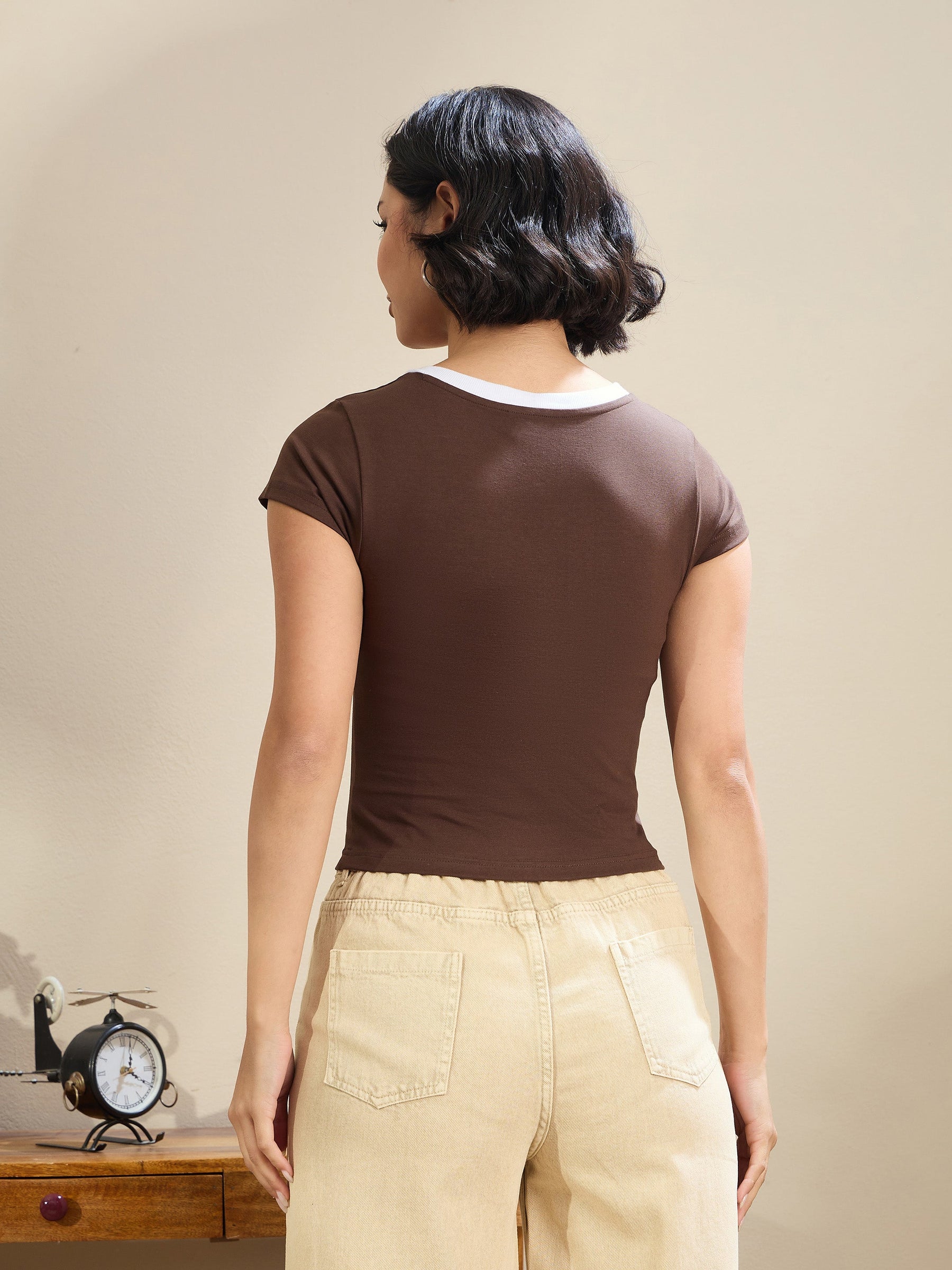 Brown Contrast Deep V-Neck Crop T-Shirt-SASSAFRAS BASICS